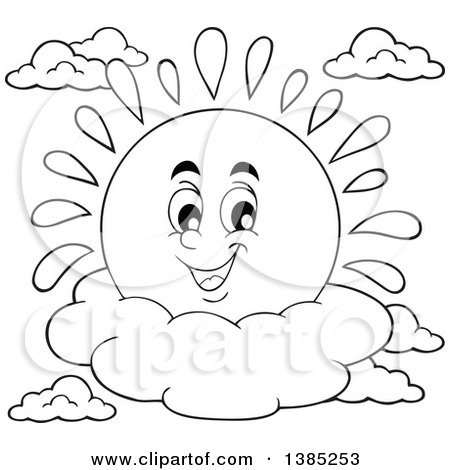 Clipart of a Black and White Lineart Happy Sun Character Resting on a Cloud - Royalty Free Vector Illustration by visekart