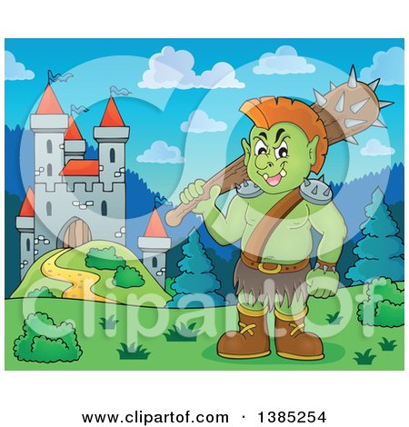 Clipart of a Cartoon Orc Holding a Club near a Castle - Royalty Free Vector Illustration by visekart