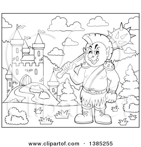 Clipart of a Black and White Lineart Cartoon Orc Holding a Club near a Castle - Royalty Free Vector Illustration by visekart