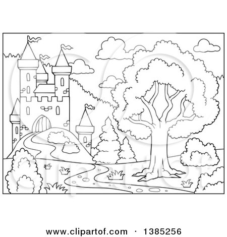 Clipart of a Black and White Lineart Castle Landscape - Royalty Free Vector Illustration by visekart