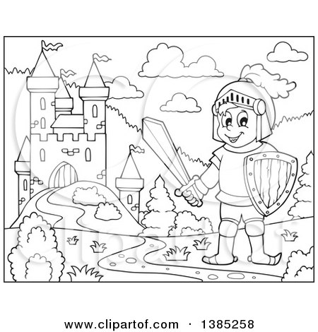 Clipart of a Black and White Lineart Knight near a Castle - Royalty Free Vector Illustration by visekart
