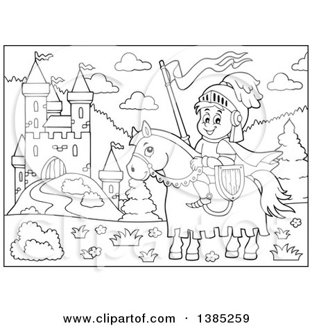 Clipart of a Black and White Lineart Horseback Knight near a Castle - Royalty Free Vector Illustration by visekart