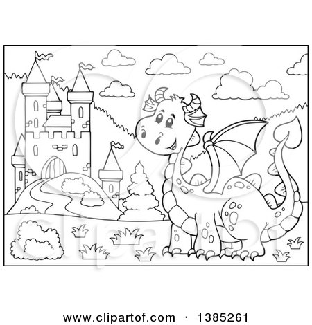 Clipart of a Black and White Lineart Dragon by a Castle - Royalty Free Vector Illustration by visekart