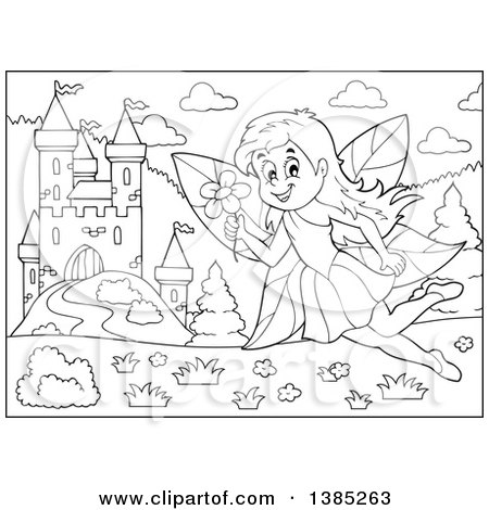 Clipart of a Black and White Lineart Fairy near a Castle - Royalty Free Vector Illustration by visekart