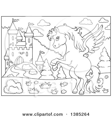 Clipart of a Black and White Lineart Pegasus Horse near a Castle - Royalty Free Vector Illustration by visekart