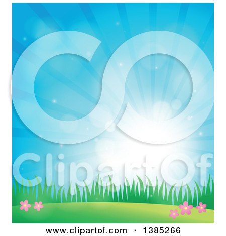 Clipart of a Spring Background of Flowers, Grass and Sunshine in a Blue Sky - Royalty Free Vector Illustration by visekart