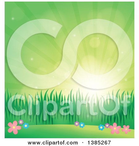 Clipart of a Spring Background of Flowers, Grass and Sunshine in a Green Sky - Royalty Free Vector Illustration by visekart