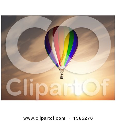 Clipart of a 3d Hot Air Balloon Against a Sunset Sky - Royalty Free Illustration by KJ Pargeter