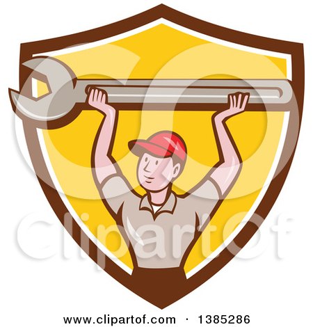 Clipart of a Retro Cartoon White Male Mechanic Holding up a Giant Spanner Wrench in a Brown White and Yellow Shield - Royalty Free Vector Illustration by patrimonio