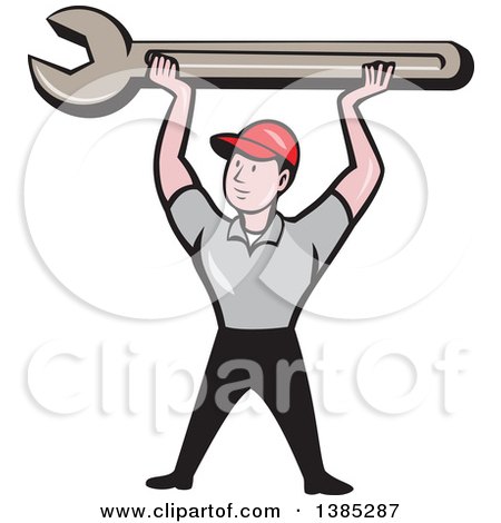 Clipart of a Retro Cartoon White Male Mechanic Holding up a Giant Spanner Wrench - Royalty Free Vector Illustration by patrimonio