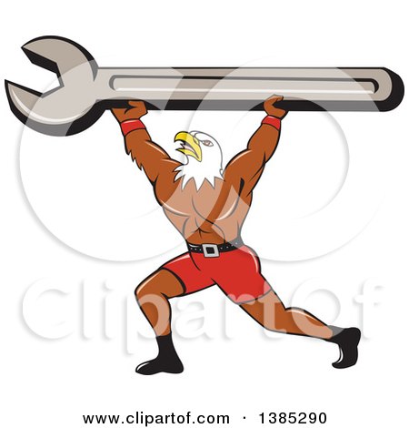 Clipart of a Cartoon Bald Eagle Mechanic Man Lifting a Giant Spanner Wrench - Royalty Free Vector Illustration by patrimonio