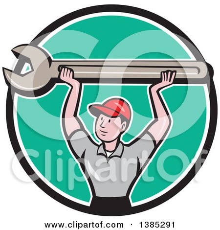 Clipart of a Retro Cartoon White Male Mechanic Holding up a Giant Spanner Wrench in a Black White and Turquoise Circle - Royalty Free Vector Illustration by patrimonio