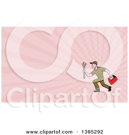 Clipart of a Retro Cartoon White Male Mechanic Holding a Tool Box and Wrench and Running and Pink Rays Background or Business Card Design - Royalty Free Illustration by patrimonio