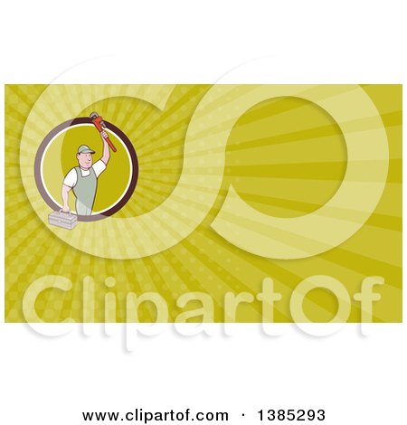 Clipart of a Retro Cartoon White Male Plumber Holding up a Monkey Wrench and Tool Box and Green Rays Background or Business Card Design - Royalty Free Illustration by patrimonio