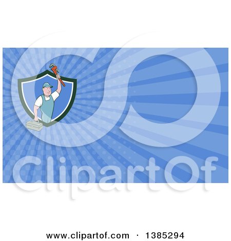 Clipart of a Retro Cartoon White Male Plumber Holding up a Monkey Wrench and Tool Box and Blue Rays Background or Business Card Design - Royalty Free Illustration by patrimonio
