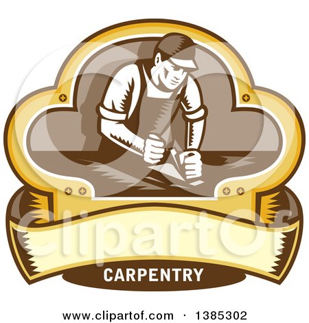 Clipart of a Retro Woodcut Carpenter Wearing a Hat and Overalls, Working with a Smooth Plane on a Wood Surface Inside a Clover Leaf Design with a Blank Banner and Text - Royalty Free Vector Illustration by patrimonio
