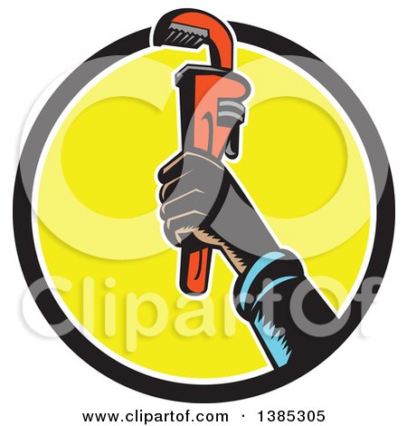 Clipart of a Retro Woodcut Plumbers Hand Holding up a Monkey Wrench in a Black White and Yellow Circle - Royalty Free Vector Illustration by patrimonio