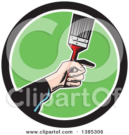 Clipart of a Retro Woodcut Caucasian Painters Hand Holding a Paintbrush in a Black White and Green Circle - Royalty Free Vector Illustration by patrimonio