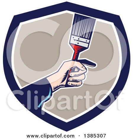 Clipart of a Retro Woodcut Caucasian Painters Hand Holding a Paintbrush in a Blue White and Taupe Shield - Royalty Free Vector Illustration by patrimonio