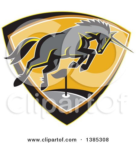 Clipart of a Retro Charging Unicorn on a Golf Course Inside a Shield - Royalty Free Vector Illustration by patrimonio