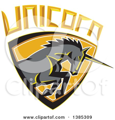 Clipart of a Retro Charging Unicorn in a Shield with Text - Royalty Free Vector Illustration by patrimonio