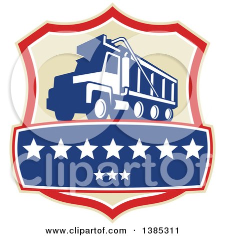 Clipart of a Retro Triple Axle Dump Truck in a Tan Red White and Blue Shield with Stars - Royalty Free Vector Illustration by patrimonio