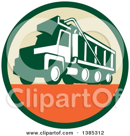Clipart of a Retro Triple Axle Dump Truck in a Green Tan and Orange Circle - Royalty Free Vector Illustration by patrimonio