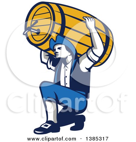 Clipart of a Retro Male American Patriot Kneeling and Holding a Beer Keg on His Shoulders - Royalty Free Vector Illustration by patrimonio