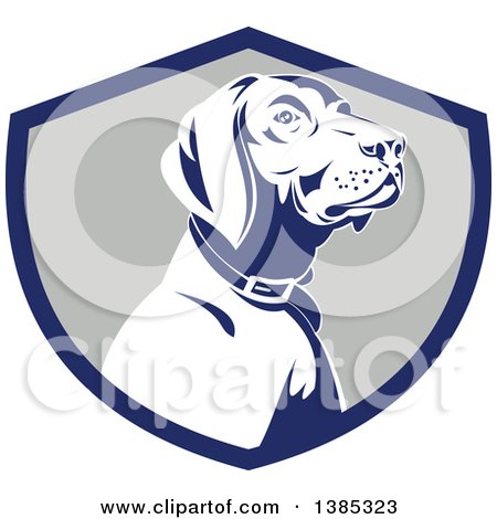 Clipart of a Retro Pointer Hunting Dog in a Blue Gray and White Shield - Royalty Free Vector Illustration by patrimonio