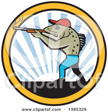 Clipart of a Retro Sea Trout Fish Man Hunter Shooting a Shotgun over a Sunset in a Circle - Royalty Free Vector Illustration by patrimonio