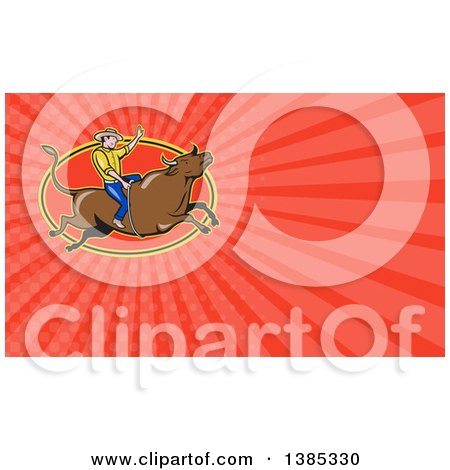 Clipart of a Cartoon Caucasian Rodeo Cowboy on a Bucking Steer Bull and Red Rays Background or Business Card Design - Royalty Free Illustration by patrimonio