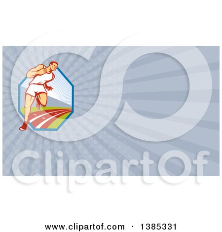 Clipart of a Retro White Male Runner Sprinting on a Track and Rays Background or Business Card Design - Royalty Free Illustration by patrimonio