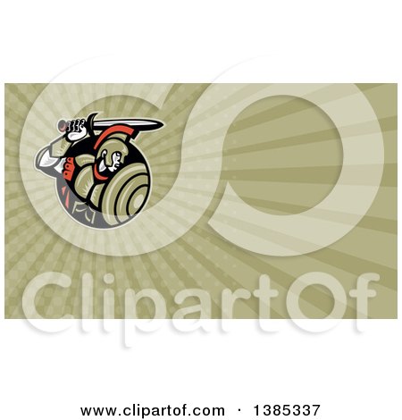 Clipart of a Retro Roman Centurion Soldier Holding up His Sword and Green Rays Background or Business Card Design - Royalty Free Illustration by patrimonio
