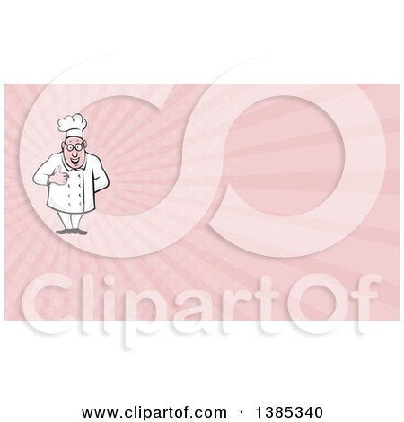 Clipart of a Cartoon Happy Chubby White Male Chef Giving a Thumb up and Pink Rays Background or Business Card Design - Royalty Free Illustration by patrimonio