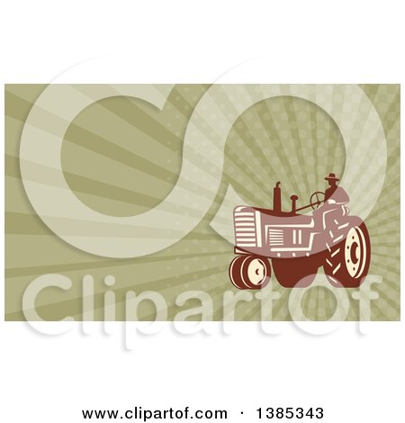Clipart of a Silhouetted Farmer Driving a Tractor and Green Rays Background or Business Card Design - Royalty Free Illustration by patrimonio