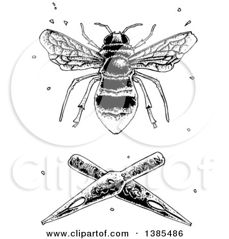 Clipart of a Black and White Bee over Fountain Pen Nibs - Royalty Free Vector Illustration by lineartestpilot