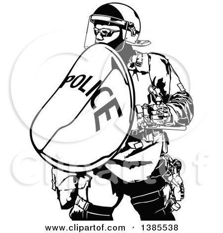 Clipart of a Black and White Police Officer in Protective Gear - Royalty Free Vector Illustration by dero