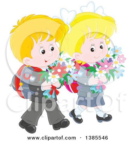 Clipart of a Thoughtful Boy and Girl Walking with Backpacks and Carrying Flowers - Royalty Free Vector Illustration by Alex Bannykh