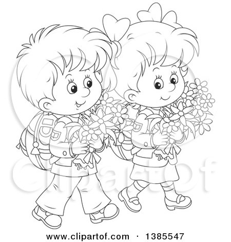 Clipart of a Black and White Lineart Thoughtful Boy and Girl Walking with Backpacks and Carrying Flowers - Royalty Free Vector Illustration by Alex Bannykh