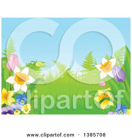 Clipart of a Garden Background with Ferns and Spring Flowers - Royalty Free Vector Illustration by Pushkin