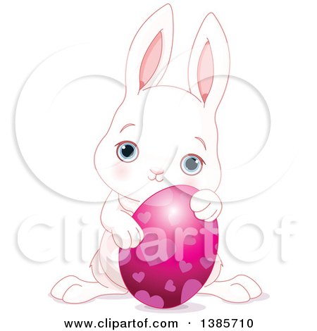 Clipart of a Cute White Easter Bunny Rabbit Holding an Egg with Hearts - Royalty Free Vector Illustration by Pushkin