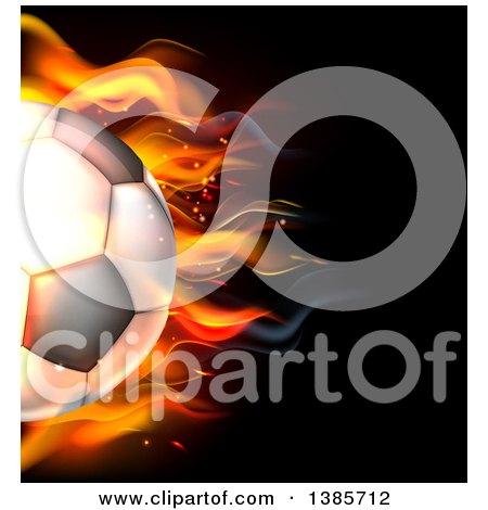 Clipart of a Cropped 3d Flaming Soccer Ball Flying over Black - Royalty Free Vector Illustration by AtStockIllustration