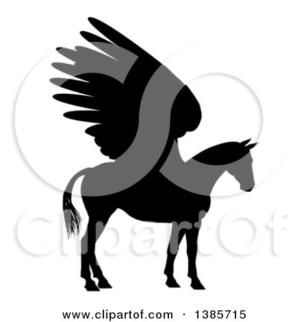 Clipart of a Black Silhouette of a Winged Pegasus Horse in Profile - Royalty Free Vector Illustration by AtStockIllustration