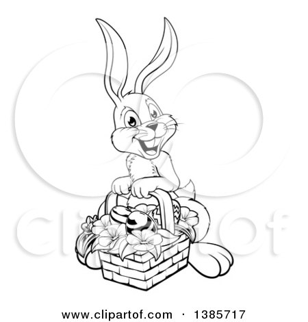 Clipart of a Black and White Lineart Happy Easter Bunny Rabbit with a Basket of Eggs and Flowers - Royalty Free Vector Illustration by AtStockIllustration