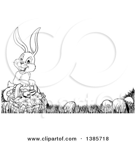 Clipart of a Cartoon Black and White Lineart Easter Bunny Rabbit with a Basket of Eggs and Flowers in the Grass, with Text Space - Royalty Free Vector Illustration by AtStockIllustration