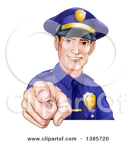 Clipart of a Happy White Male Police Officer Pointing Outwards - Royalty Free Vector Illustration by AtStockIllustration