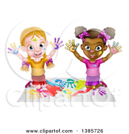 Clipart of Cartoon Happy White and Black Girls Sitting on the Floor and Painting with Their Hands - Royalty Free Vector Illustration by AtStockIllustration
