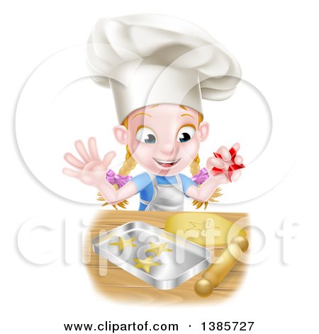 Clipart of a Cartoon Happy White Girl Wearing a Chef Toque Hat and Making Star Cookies - Royalty Free Vector Illustration by AtStockIllustration
