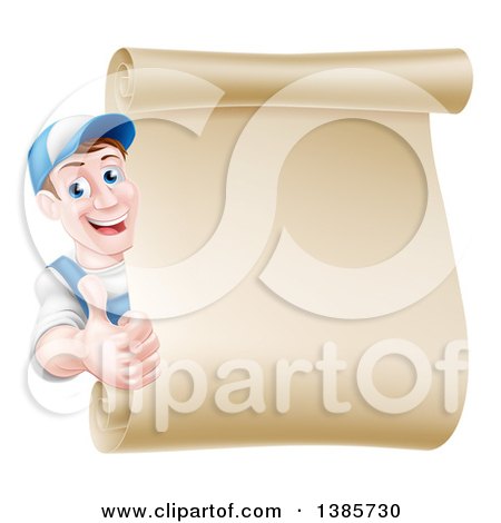 Clipart of a Happy Brunette Middle Aged Caucasian Mechanic Man in Blue, Giving a Thumb up Around a Blank Scroll Sign - Royalty Free Vector Illustration by AtStockIllustration