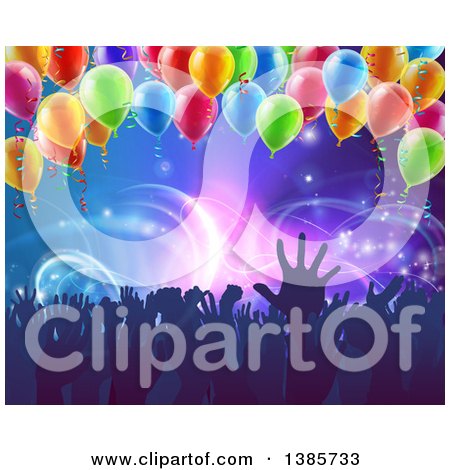Clipart of a Crowd of Silhouetted People Hands over Neon Lights on Blue, with Party Balloons - Royalty Free Vector Illustration by AtStockIllustration
